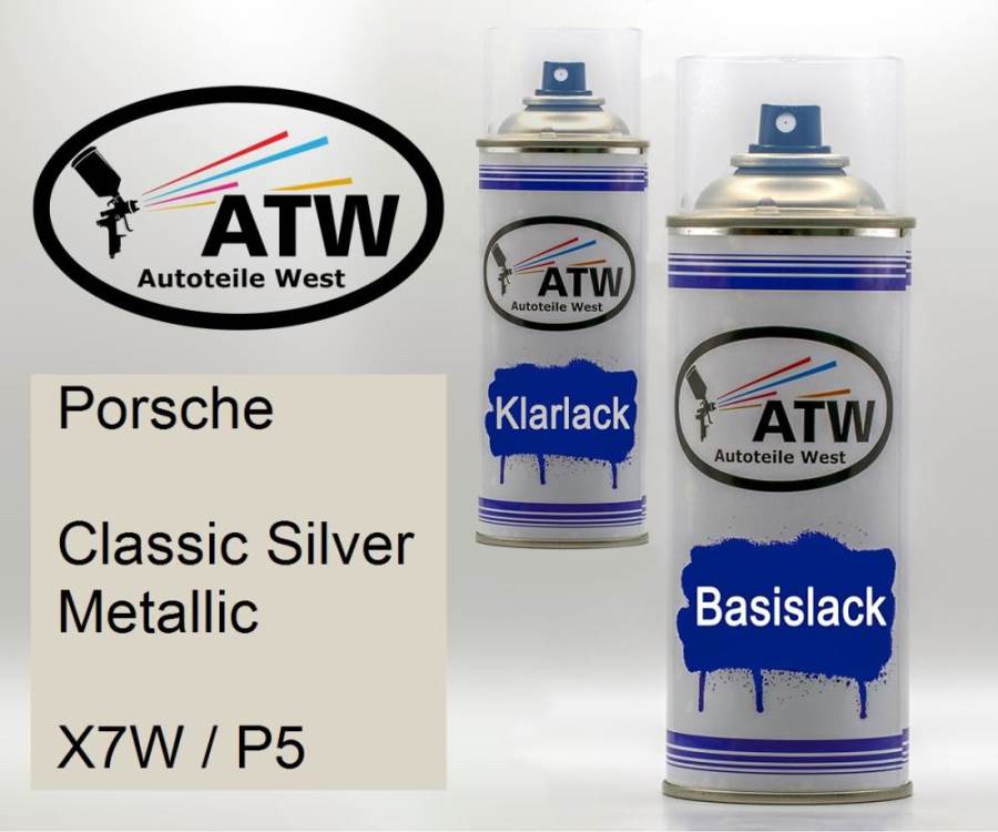 Porsche, Classic Silver Metallic, X7W / P5: 400ml Sprühdose + 400ml Klarlack - Set, von ATW Autoteile West.